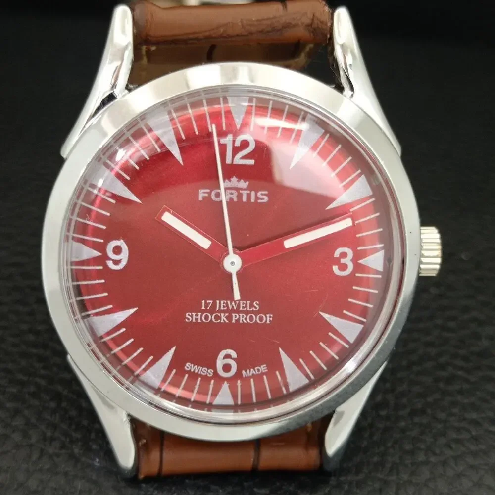Vintage 1974 Fortis Manual Mens Silver Watch W/Leather Strap & Red accents